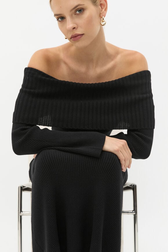 Off Shoulder Knit Dress  Black  hi-res