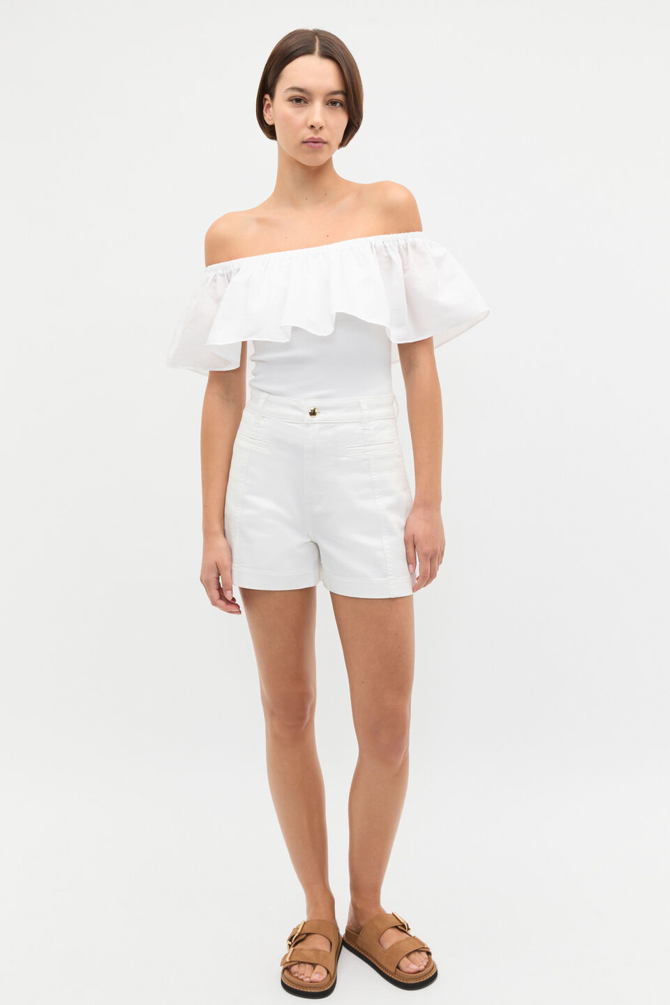 Off Shoulder Ruffle Top  Whisper White
