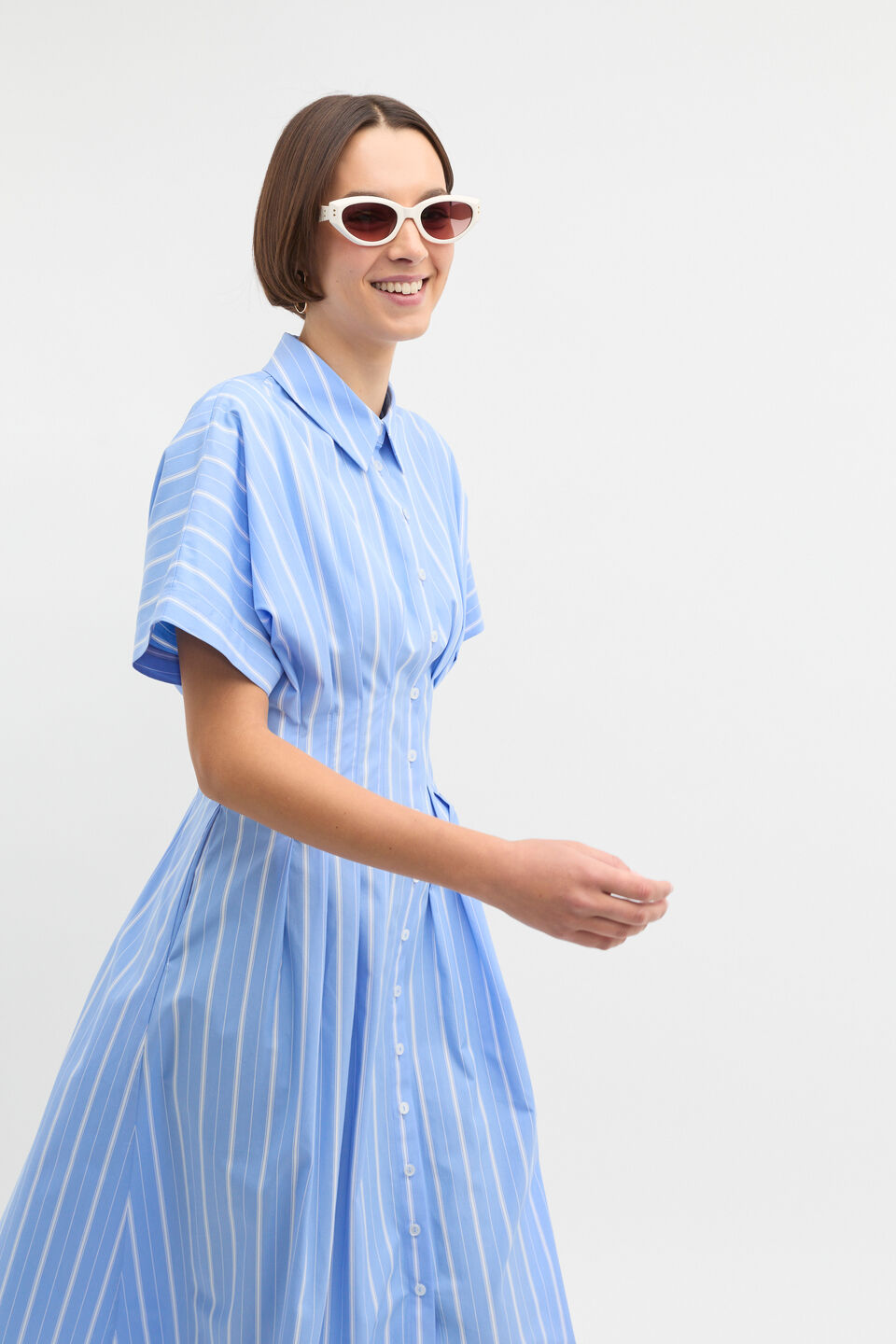 Poplin Variegated Stripe Midi Dress  Cornflower Blue Stripe