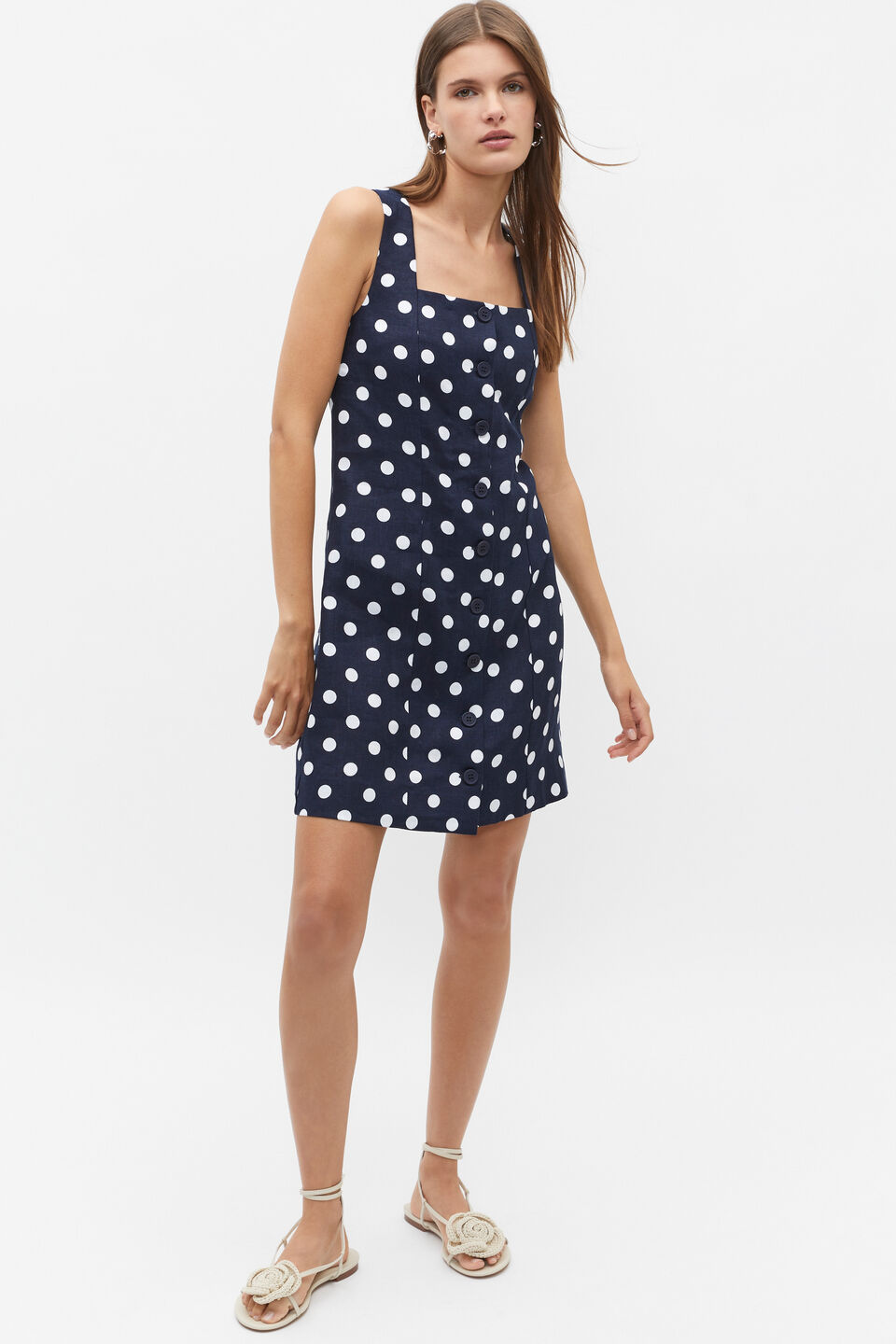 Linen Spot Button Mini Dress  Midnight Sky Spot