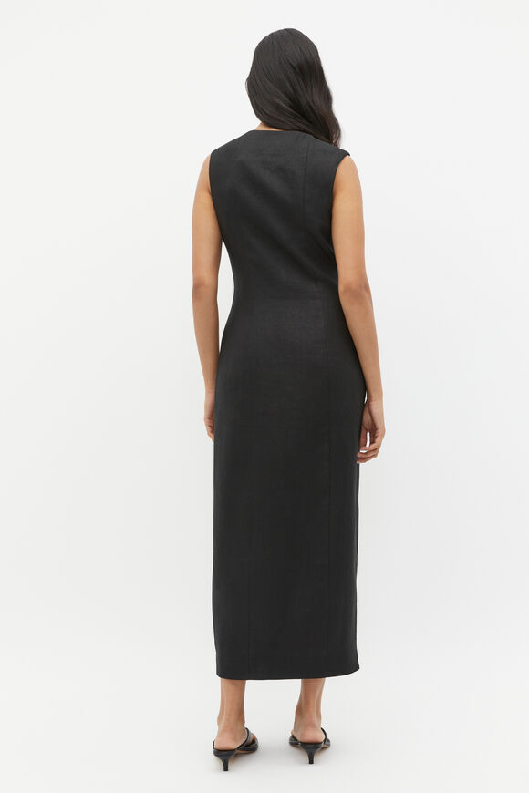 Linen Button Through Midi Dress  Black  hi-res