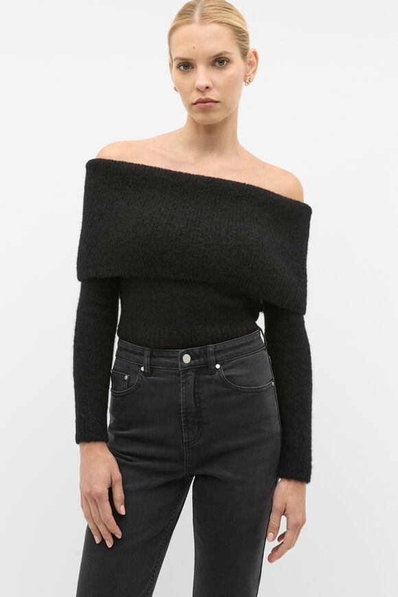 Rib Off Shoulder Knit  Black  hi-res