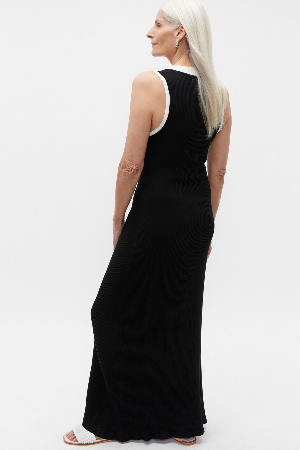 Contrast Knit Button Midi Dress  Black