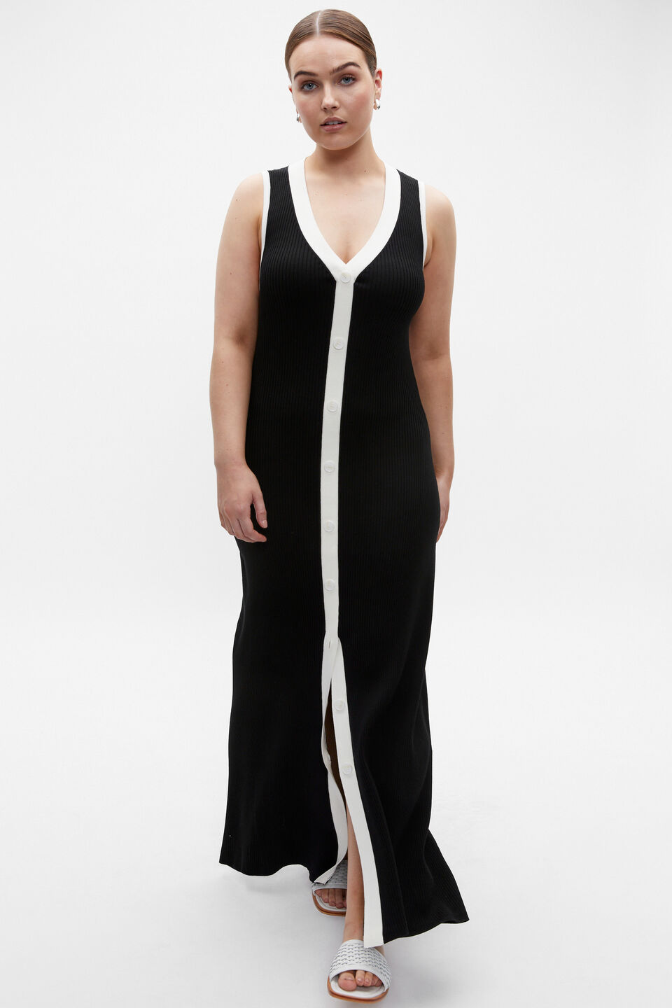 Contrast Knit Button Midi Dress  Black