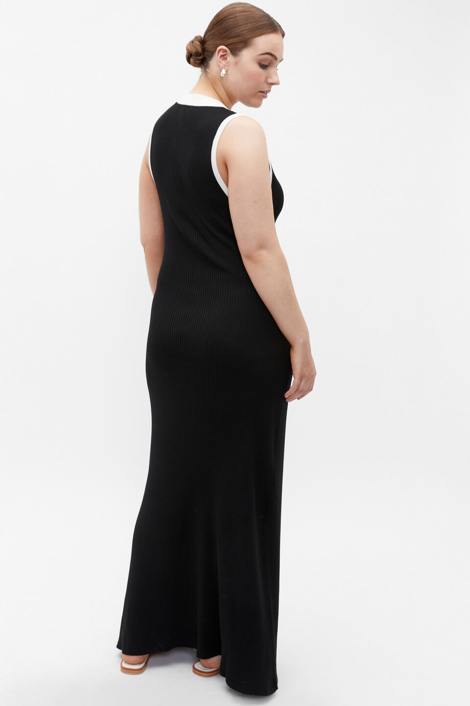 Contrast Knit Button Midi Dress  Black