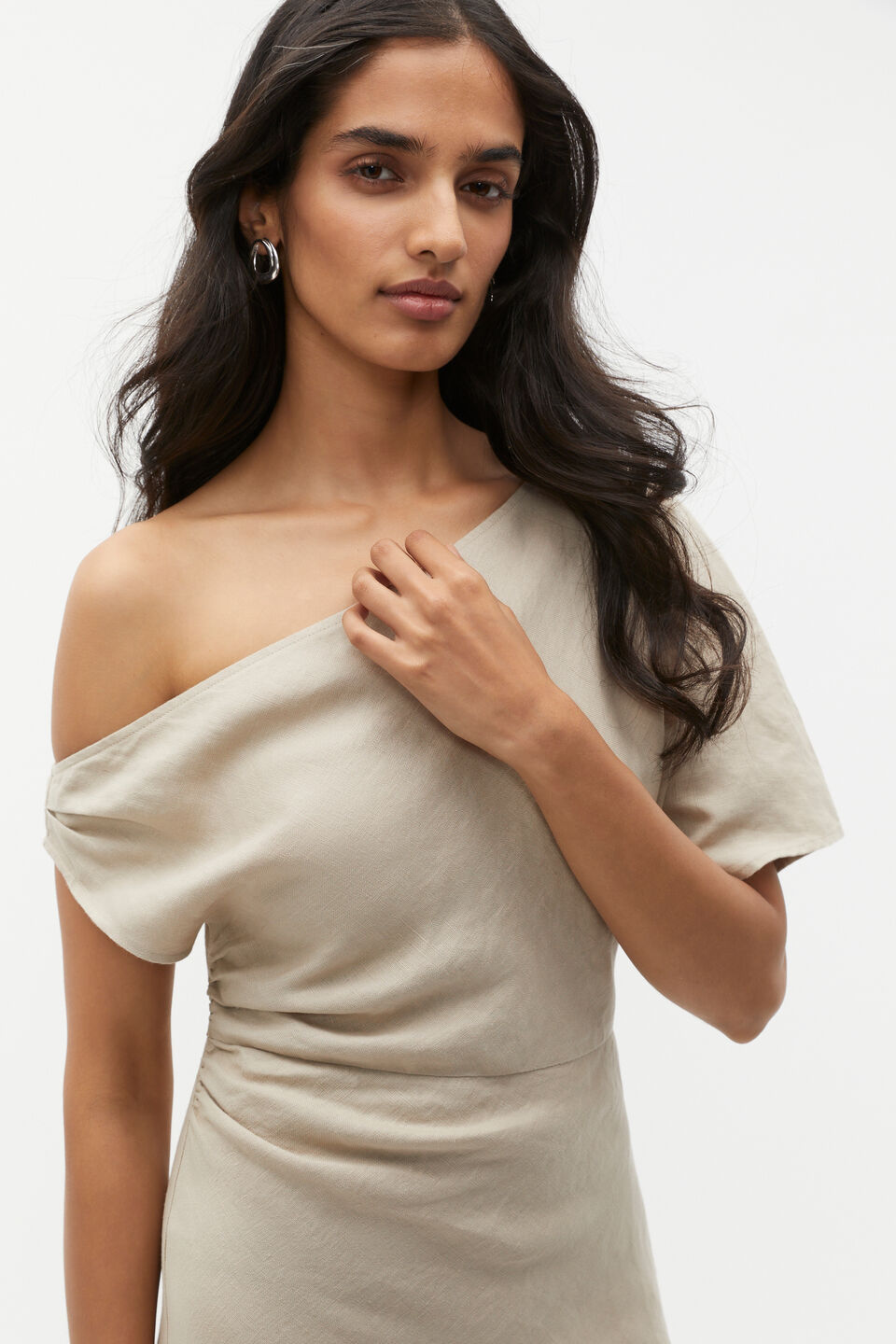 Linen Draped Shoulder Midi Dress  Cool Sand