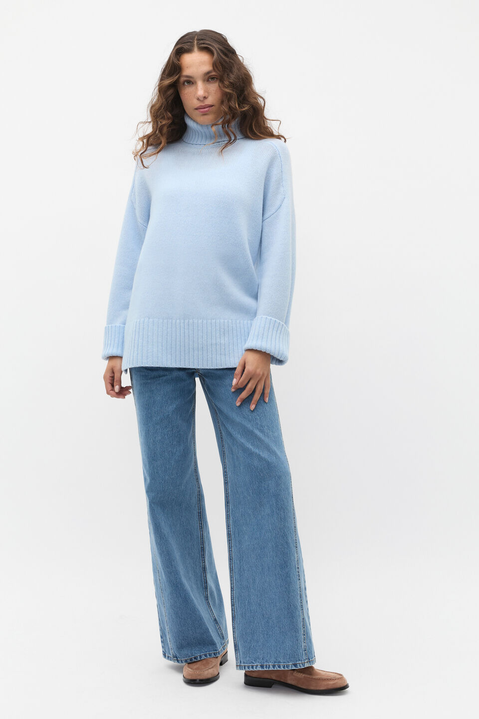 Merino Wool Roll Neck Side Split Knit  Ice Blue