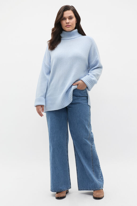 Merino Wool Roll Neck Side Split Knit  Ice Blue  hi-res