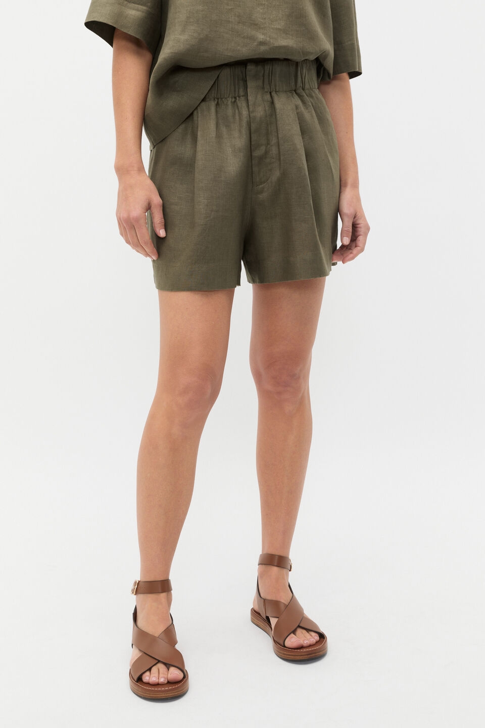 Core Linen Gathered Palazzo Short  Olive Leaf