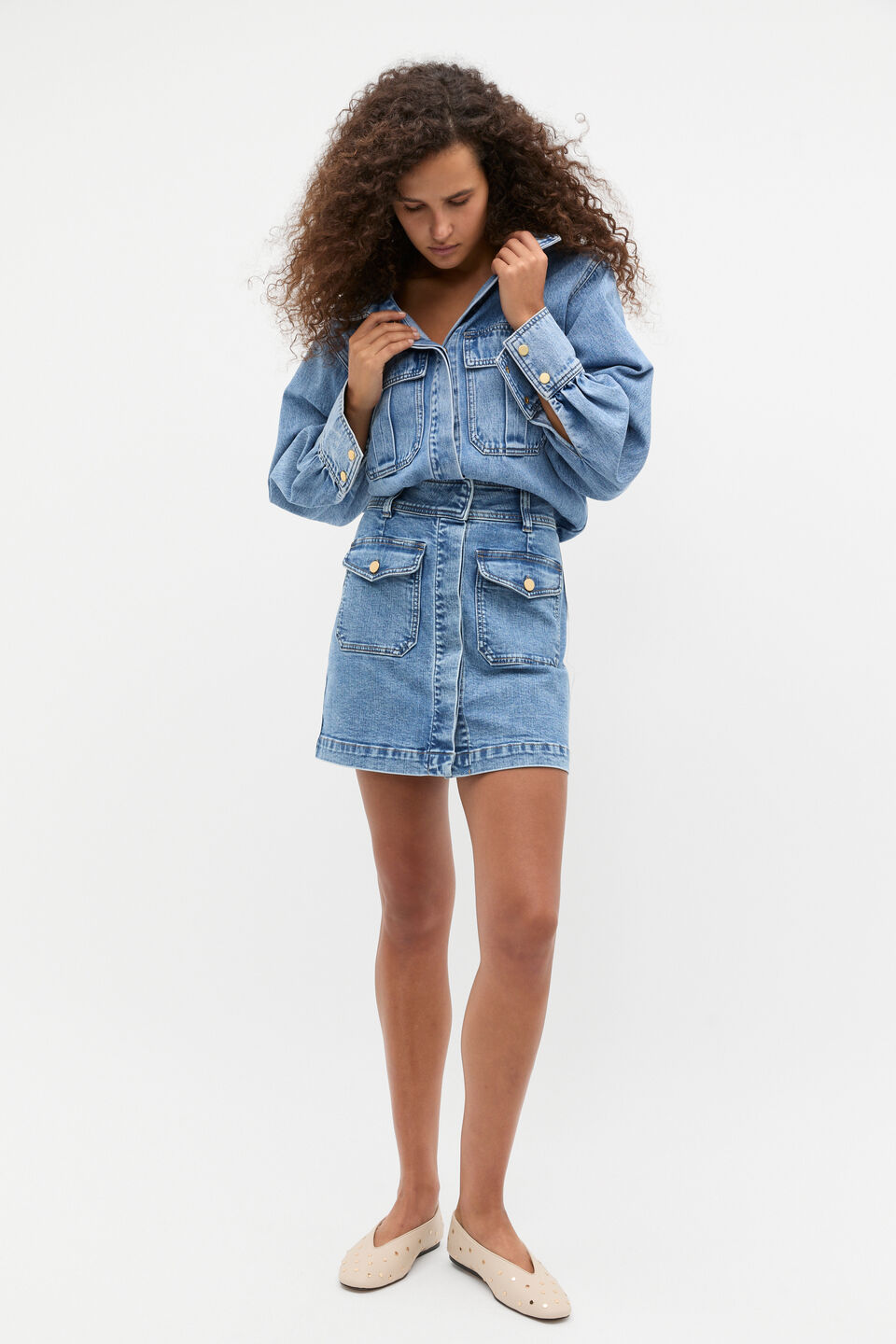 Denim Patch Pocket Mini Skirt  Mist Blue Wash
