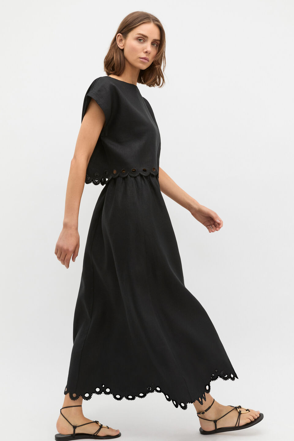 Linen Embroidered Skirt  Black