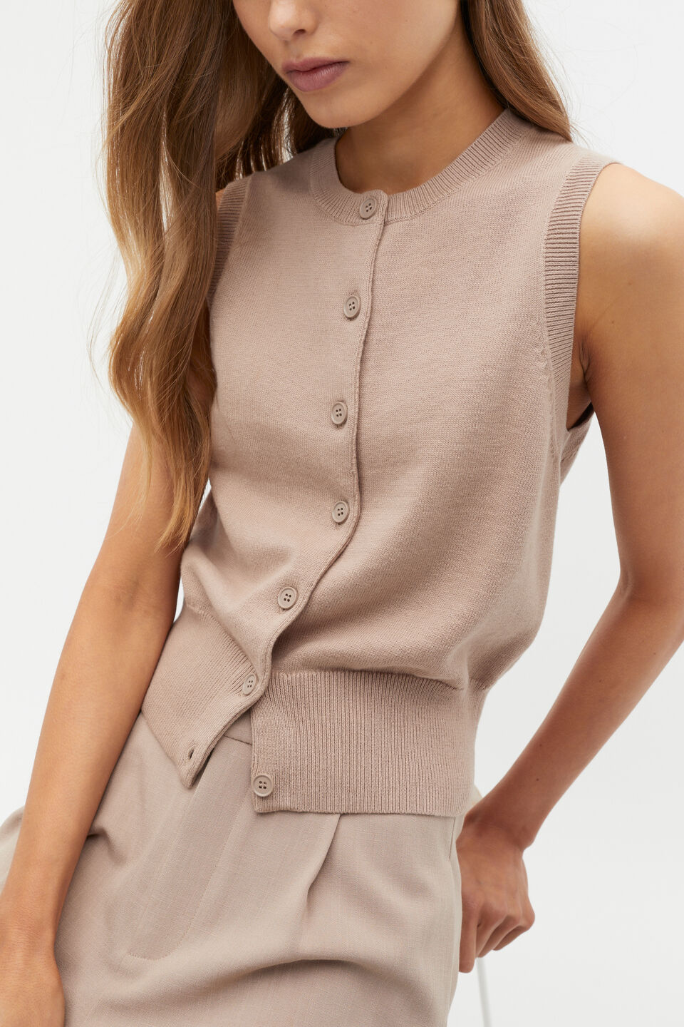 Cotton Blend Button Knit Vest  Cookie