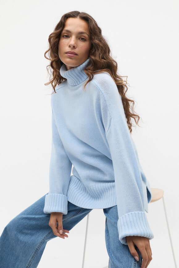 Merino Wool Roll Neck Side Split Knit  Ice Blue  hi-res