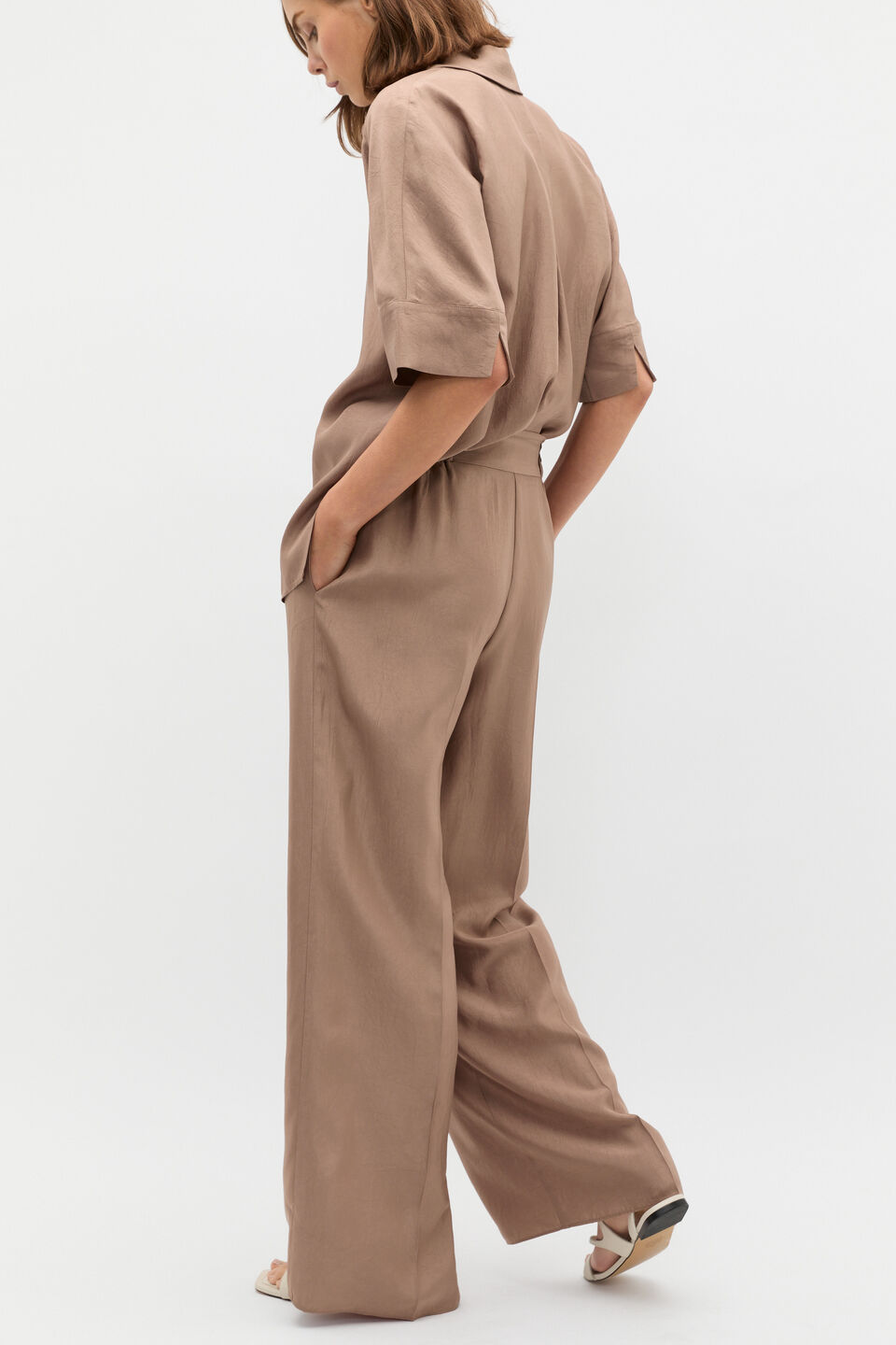 Crinkled Satin Palazzo Pant  Nutmeg