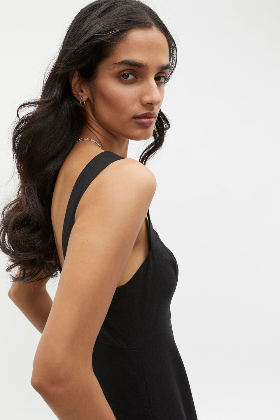 Linen Square Neck Sun Dress  Black