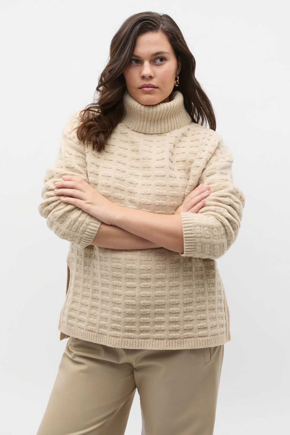 Merino Mixed Stitch Roll Neck  Latte Marle
