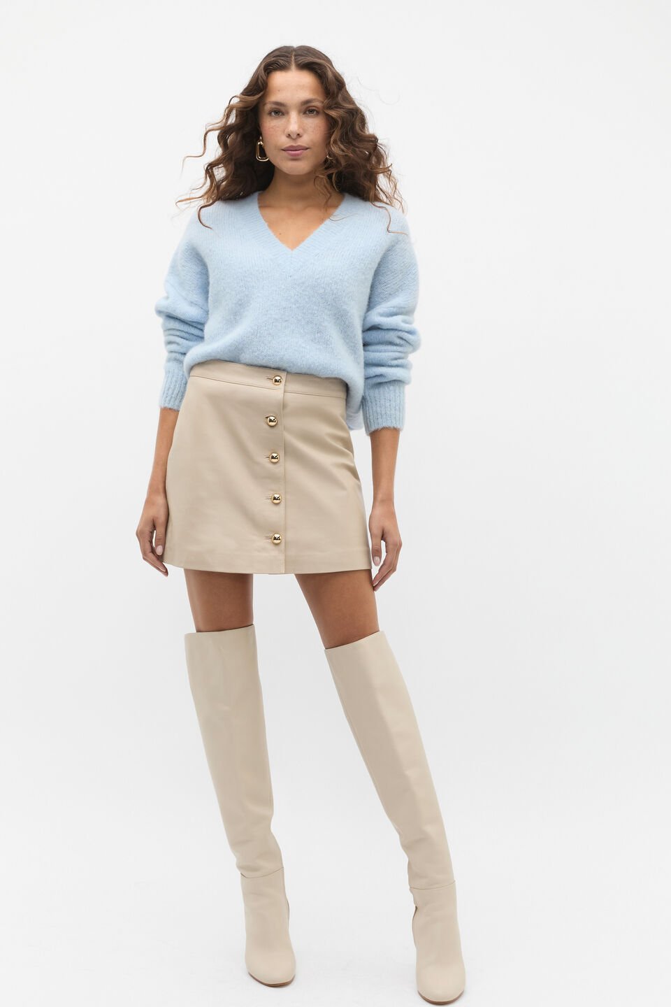 Leather Button Mini Skirt  Latte