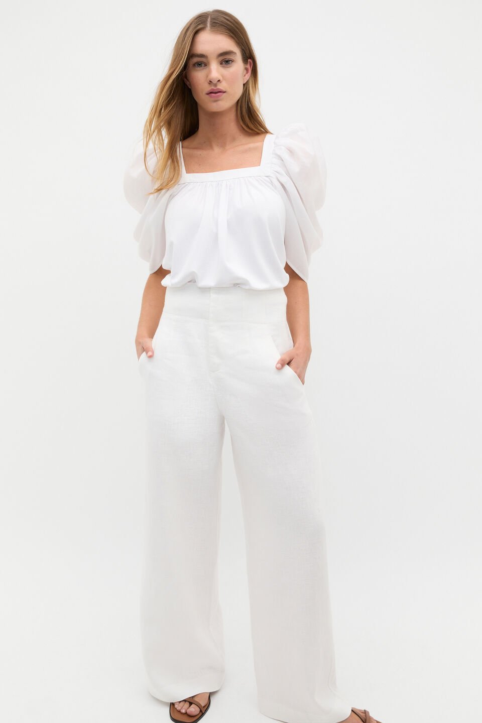 Square Neck Gathered Sleeve Top  Whisper White