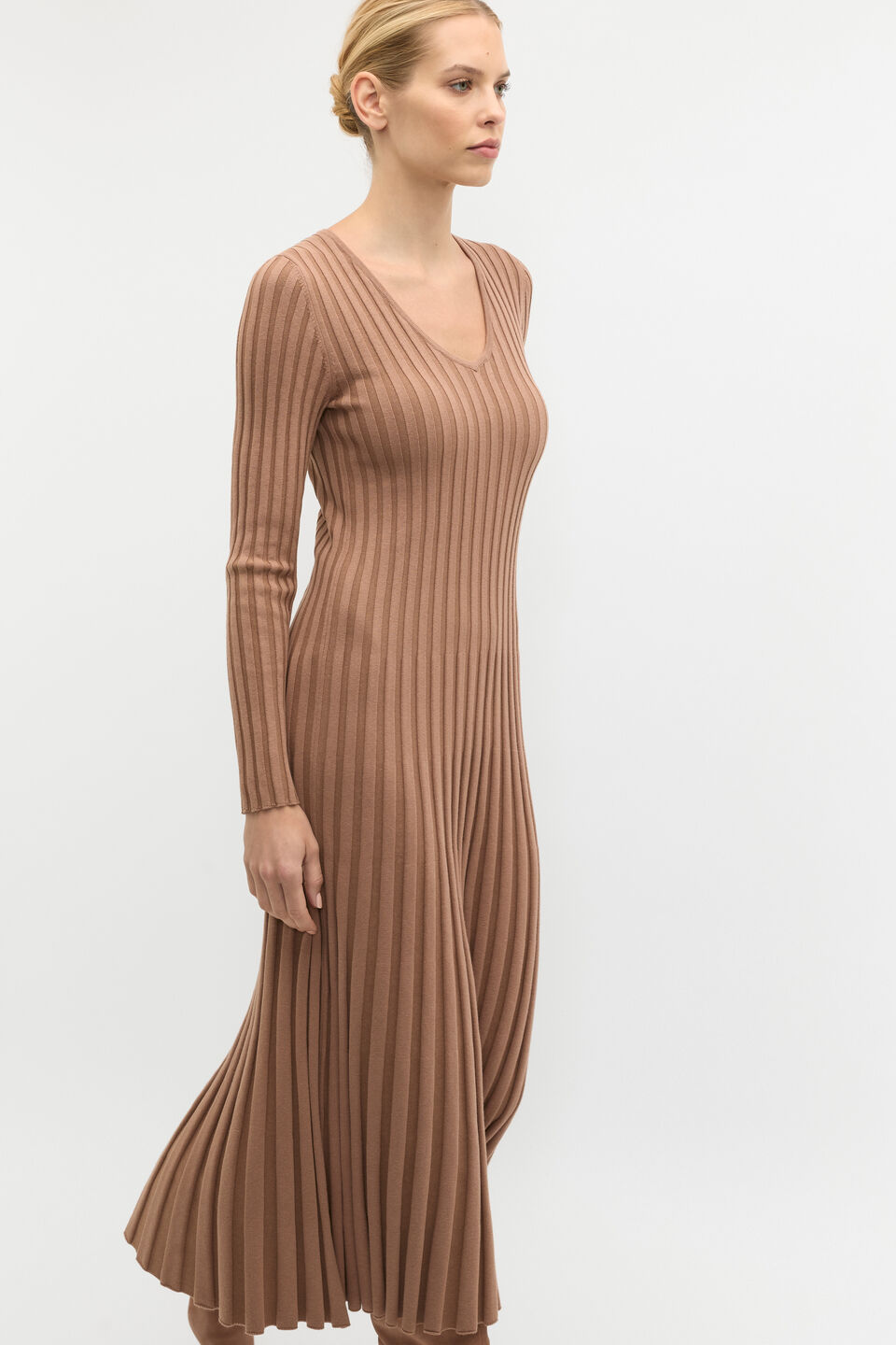 Pleated V Neck Knit Dress  Amaretto