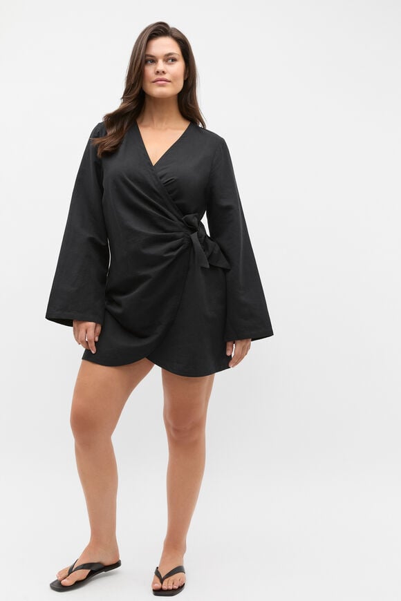 Tie Waist Wrap Mini Dress  Black  hi-res