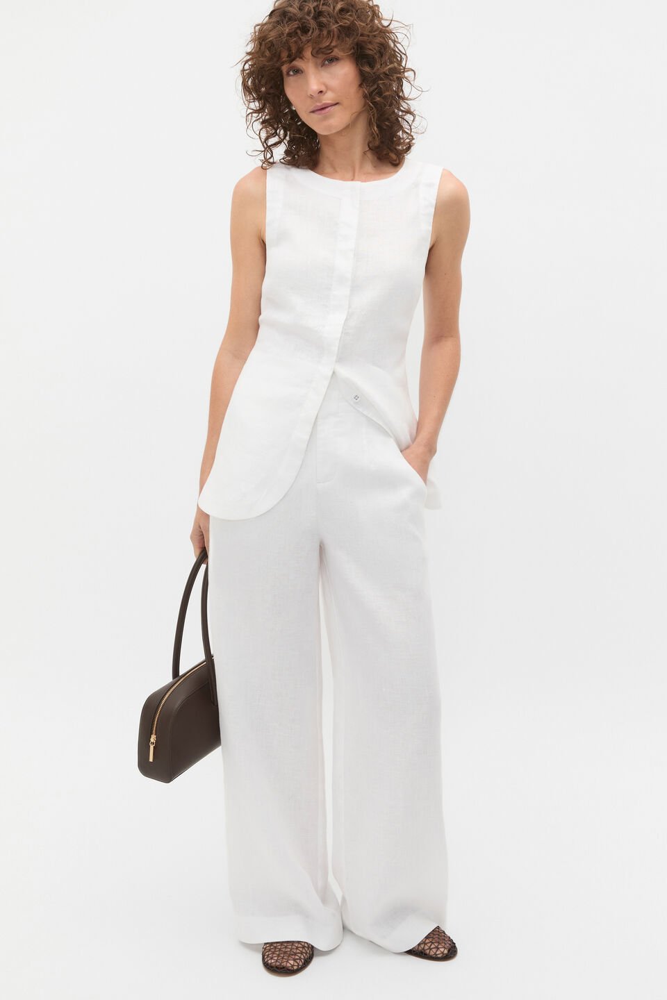 Linen Concealed Placket Vest  Whisper White