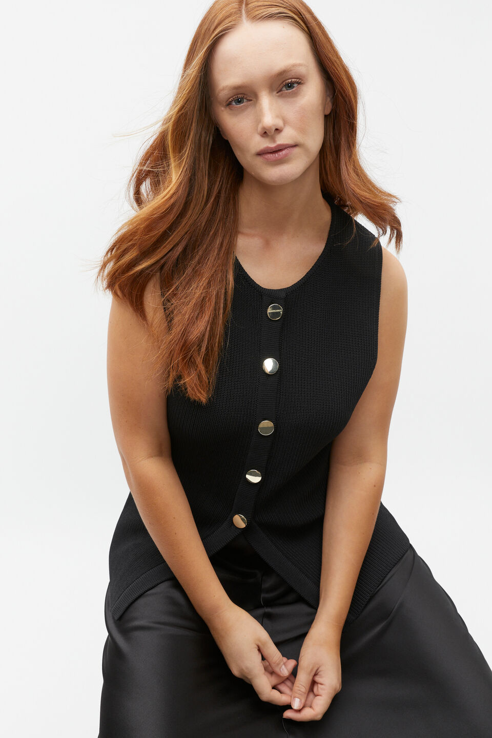 Crepe Rib Button Down Vest  Black