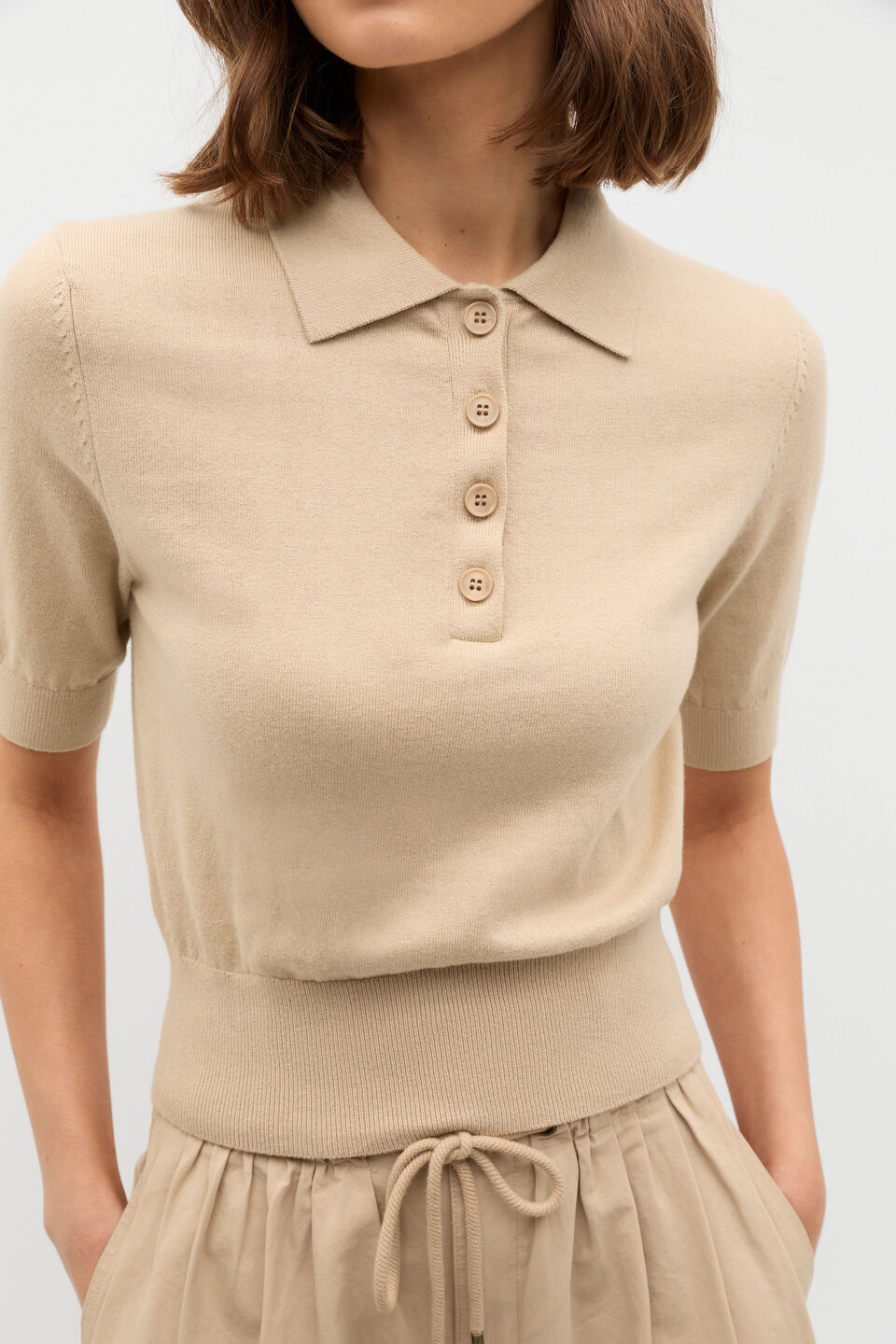 Knit Polo Top  Iced Latte
