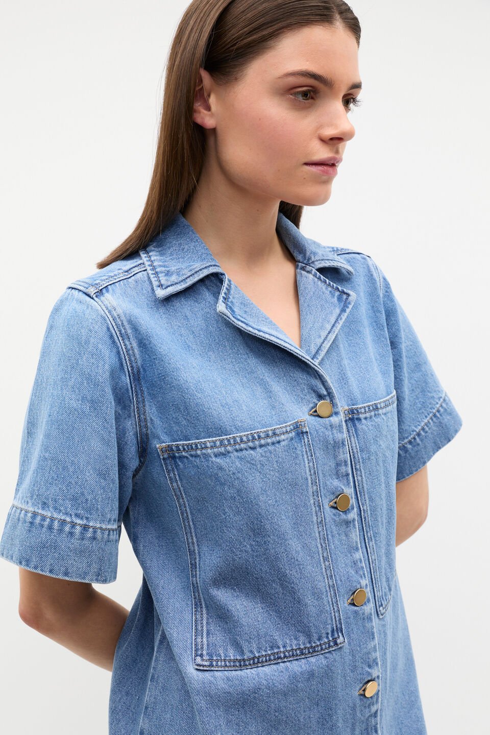 Denim Button Through Mini Dress  Mist Blue Wash