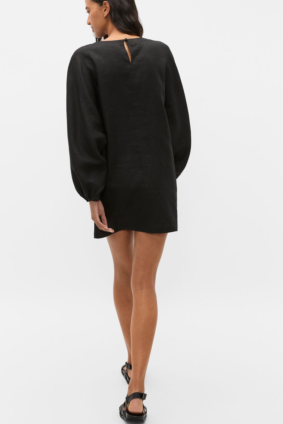 Linen Blouson Sleeve Dress  Black