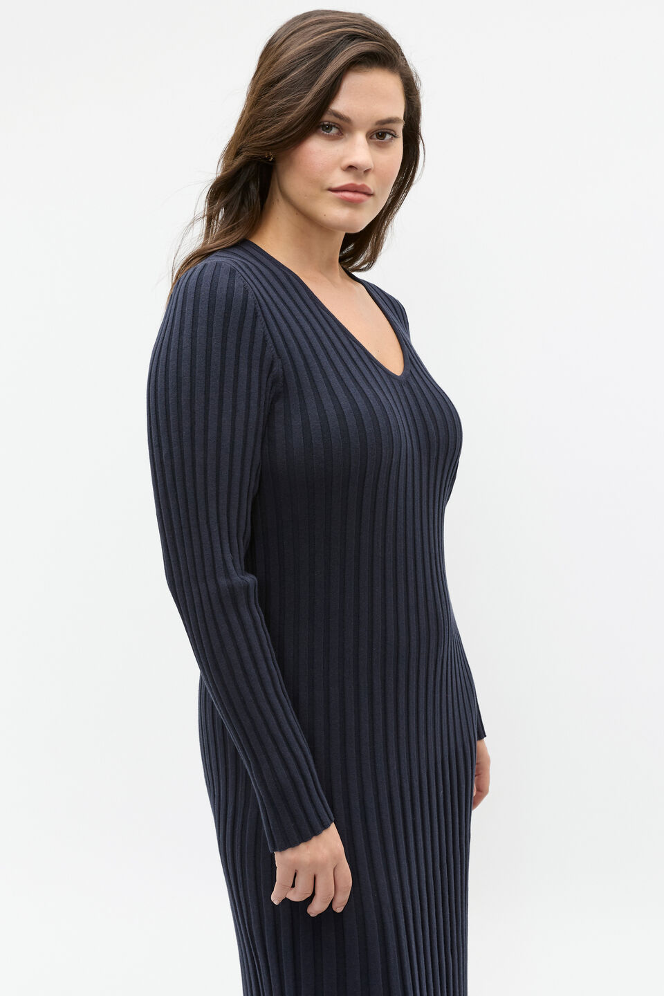 Pleated V Neck Knit Dress  Twilight Blue