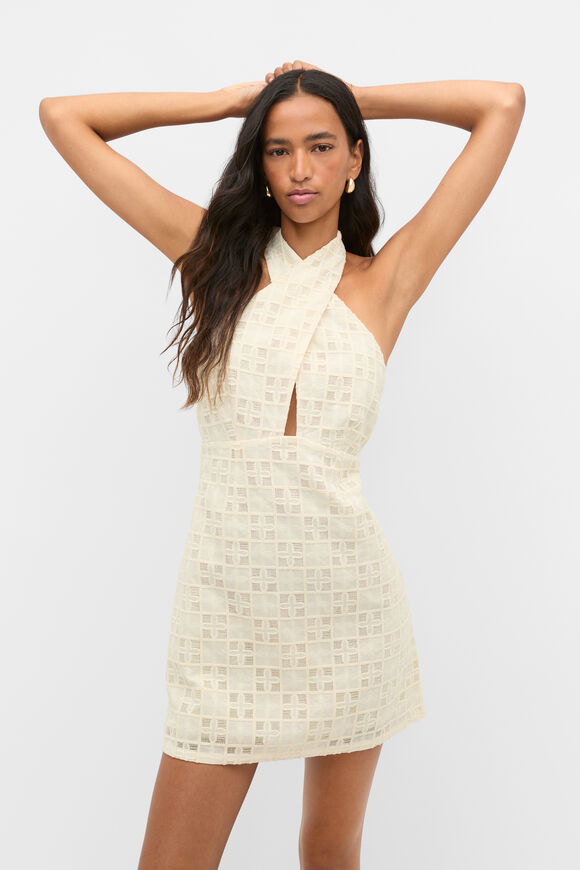 Tile Embroidery Halter Mini Dress  Coconut Cream  hi-res