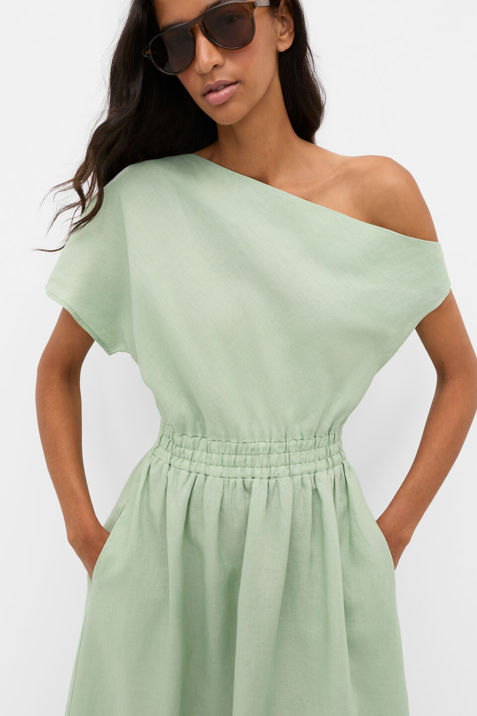 Linen Off Shoulder Maxi Dress  Eucalyptus