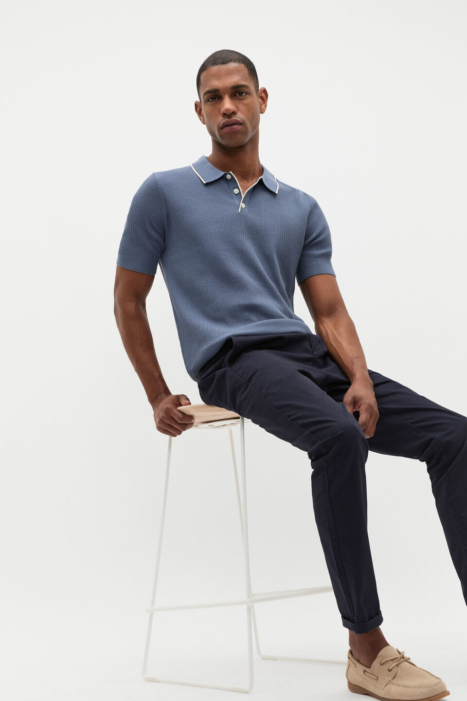 Ribbed Knit Polo  Storm Blue