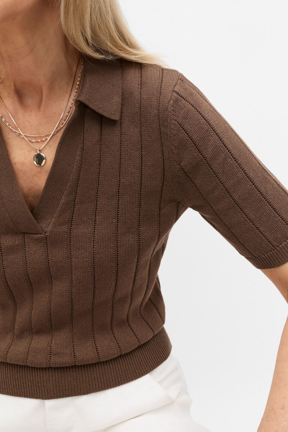 Cotton Wide Rib Polo Knit  Pinecone