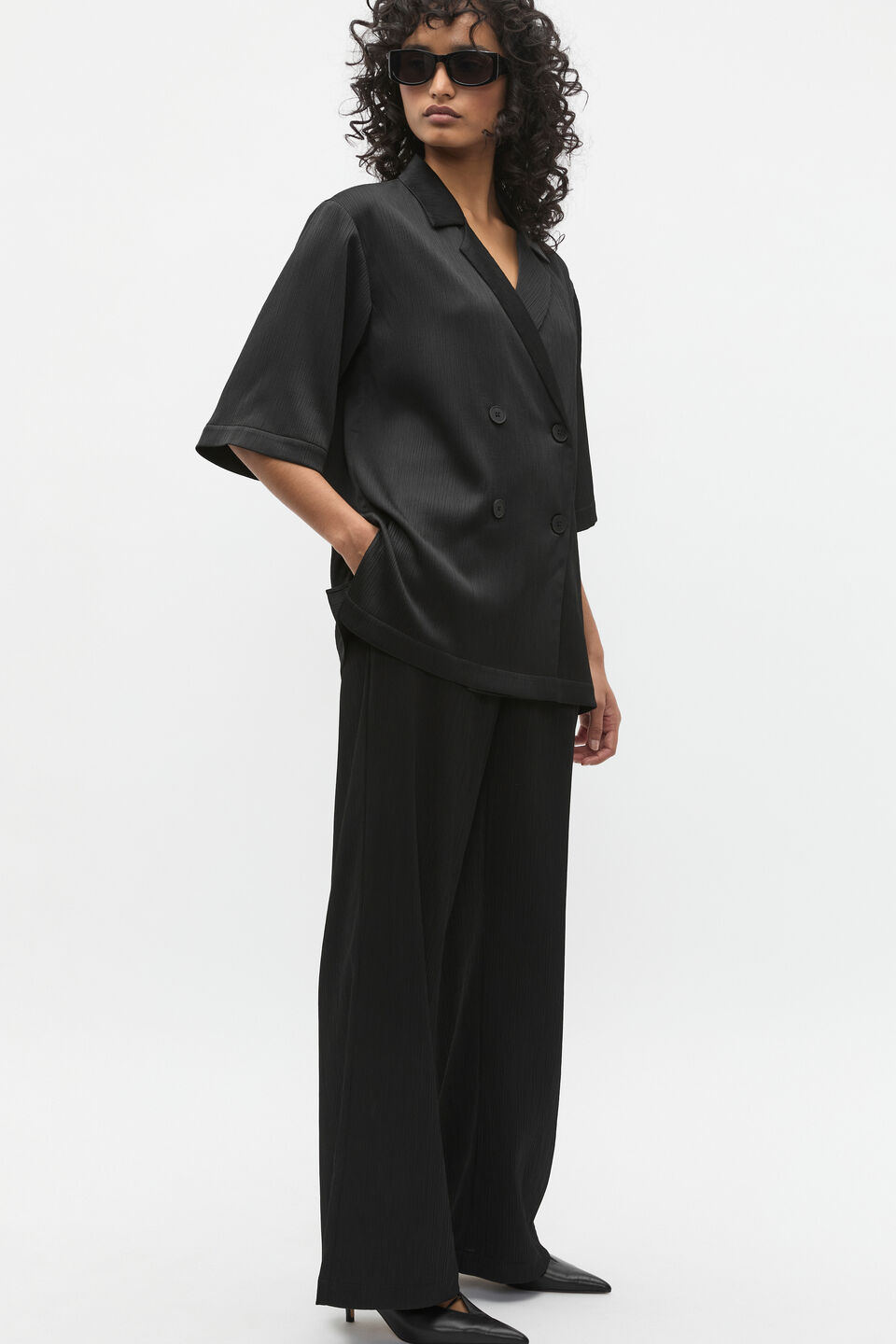 Plisse Short Sleeve Shirt  Black