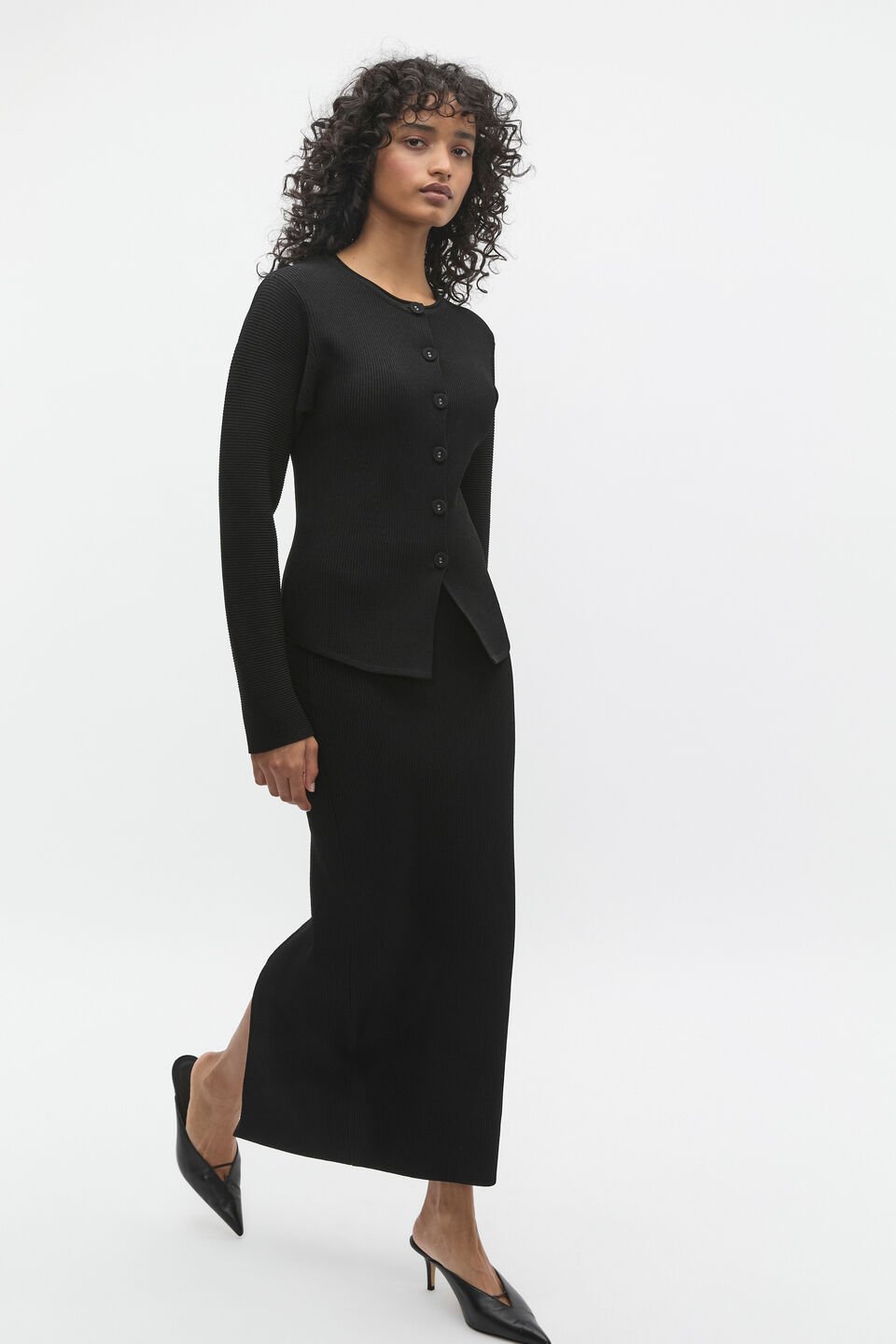 Crepe Ribbed Cardigan  Black