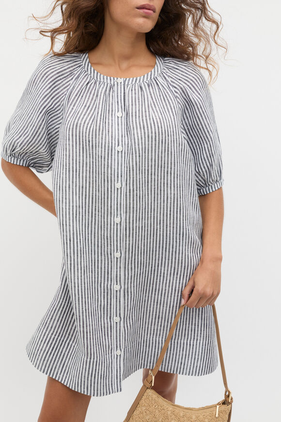 Linen Gathered Mini Dress  Twilight Blue Stripe  hi-res