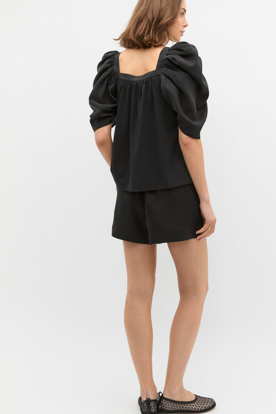 Square Neck Gathered Sleeve Top  Black