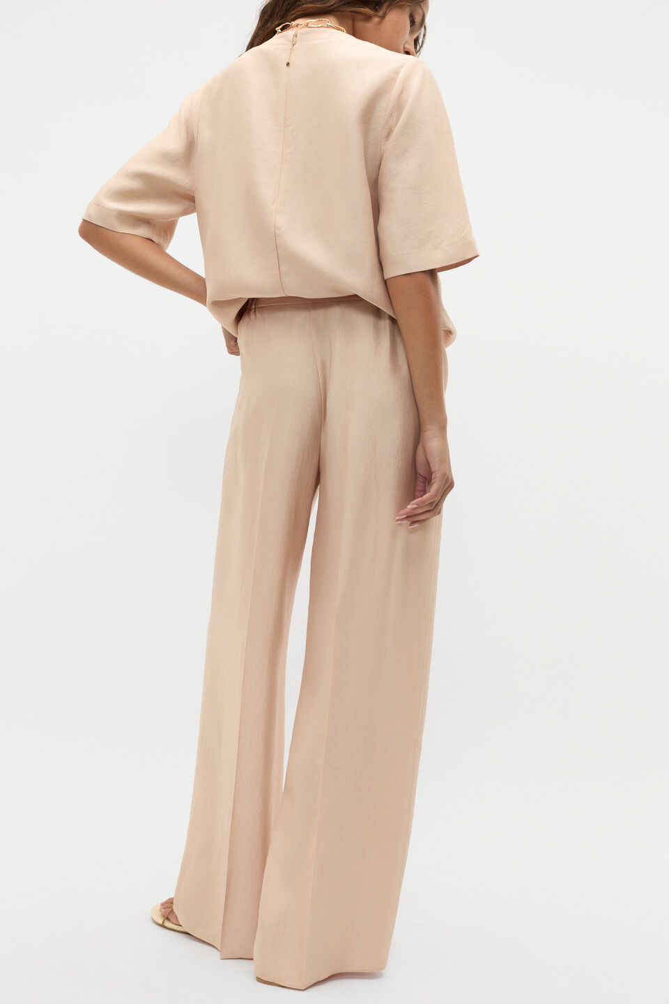 Crinkled Satin Palazzo Pant  Ecru