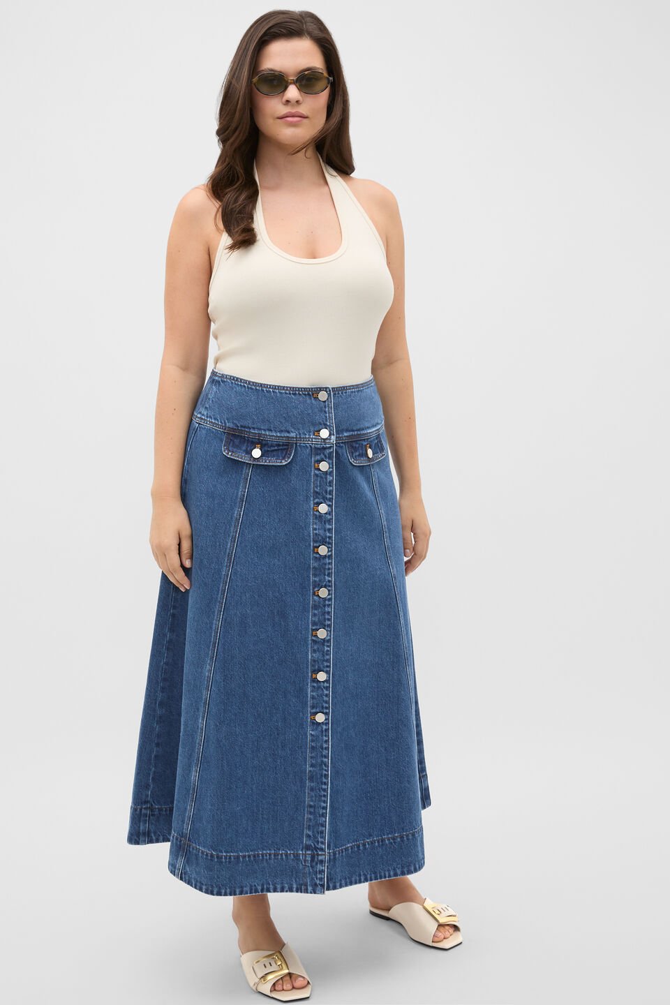Denim Button Through Swing Skirt  Heritage Wash