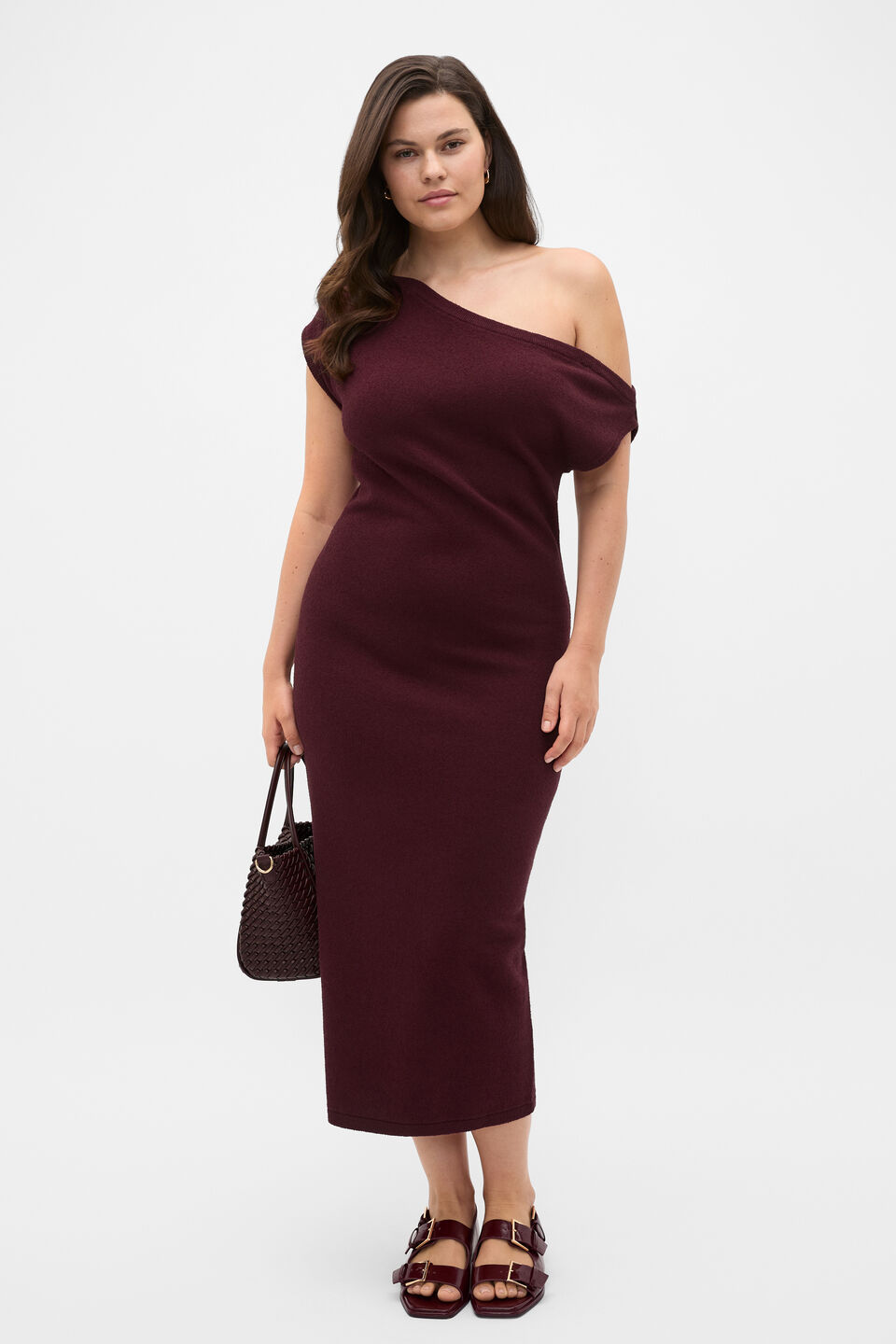 Boucle Fitted Knit Dress  Plum Red