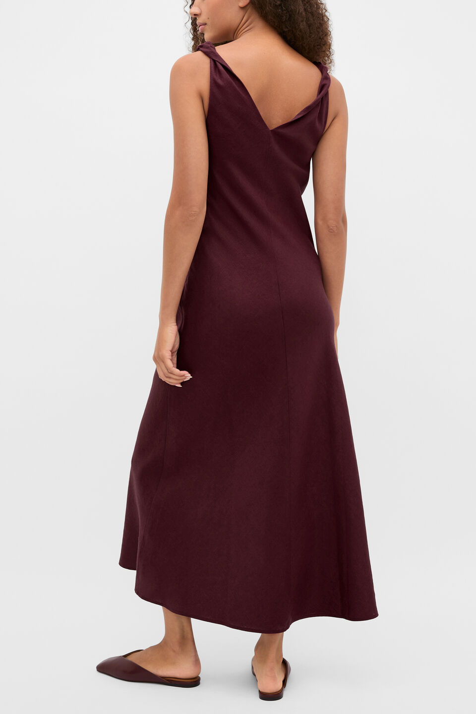 Linen Twist Shoulder Maxi Dress  Plum Red