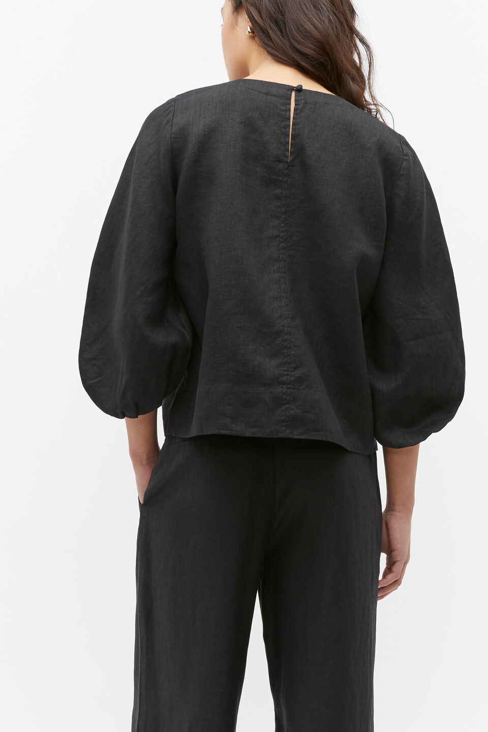Core Linen Balloon Sleeve Top  Black