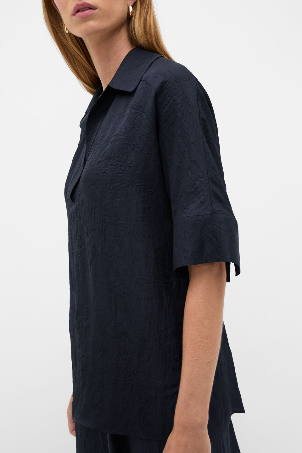 Textured Satin Collared Popover  Twilight Blue