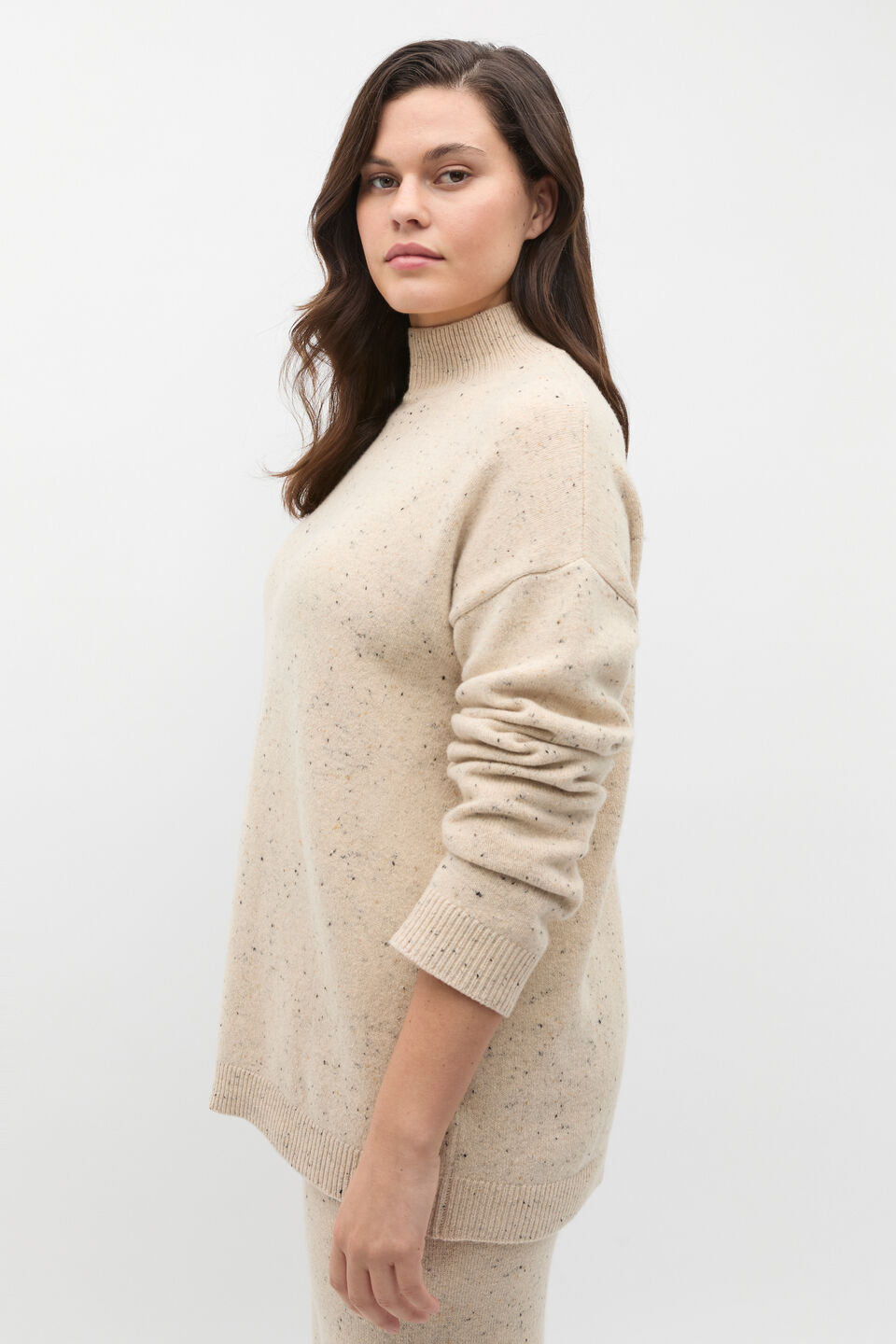 Fleck Mock Neck Slouch Knit  Latte Fleck