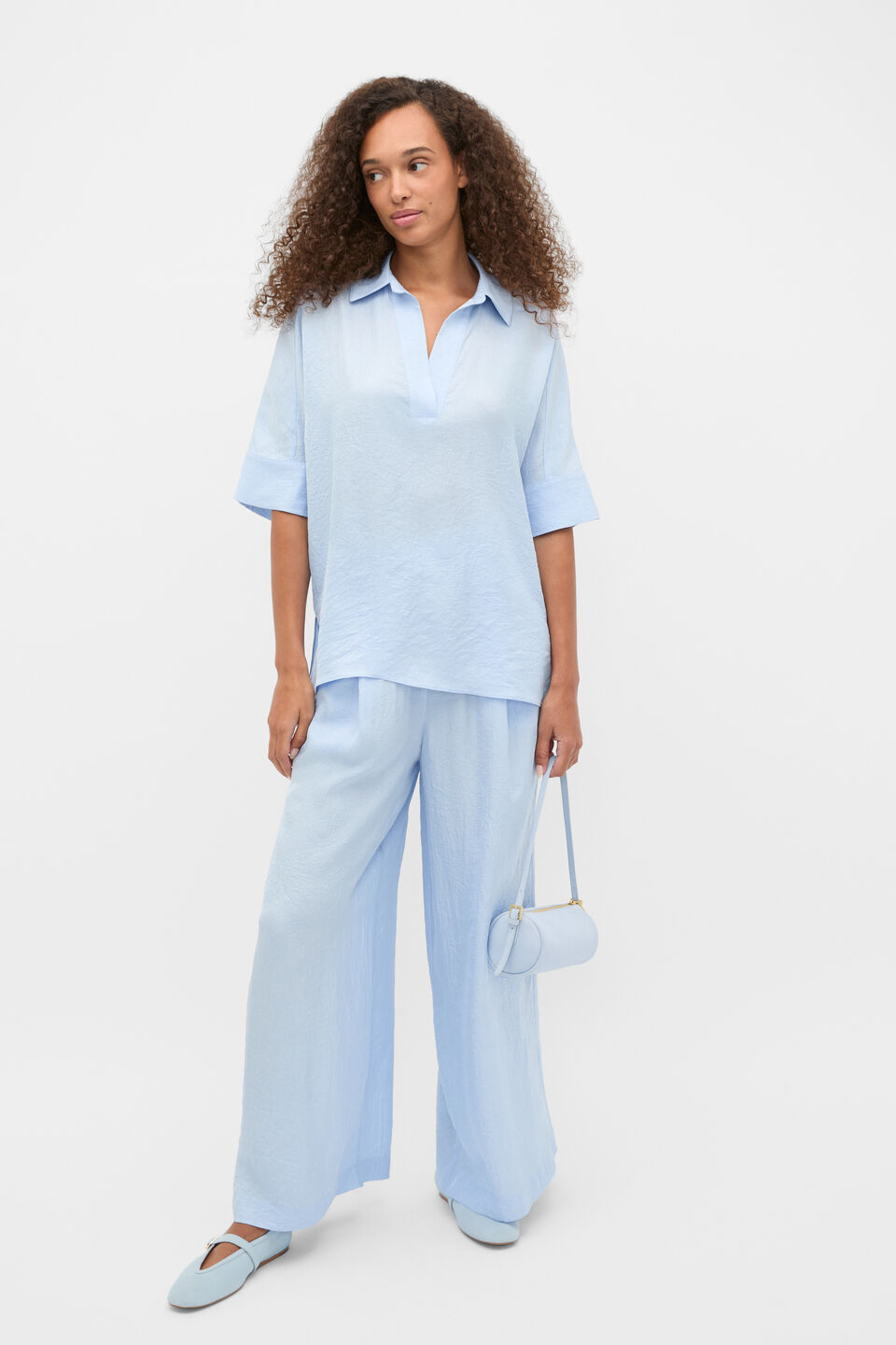 Textured Satin Collared Popover  Arctic Blue