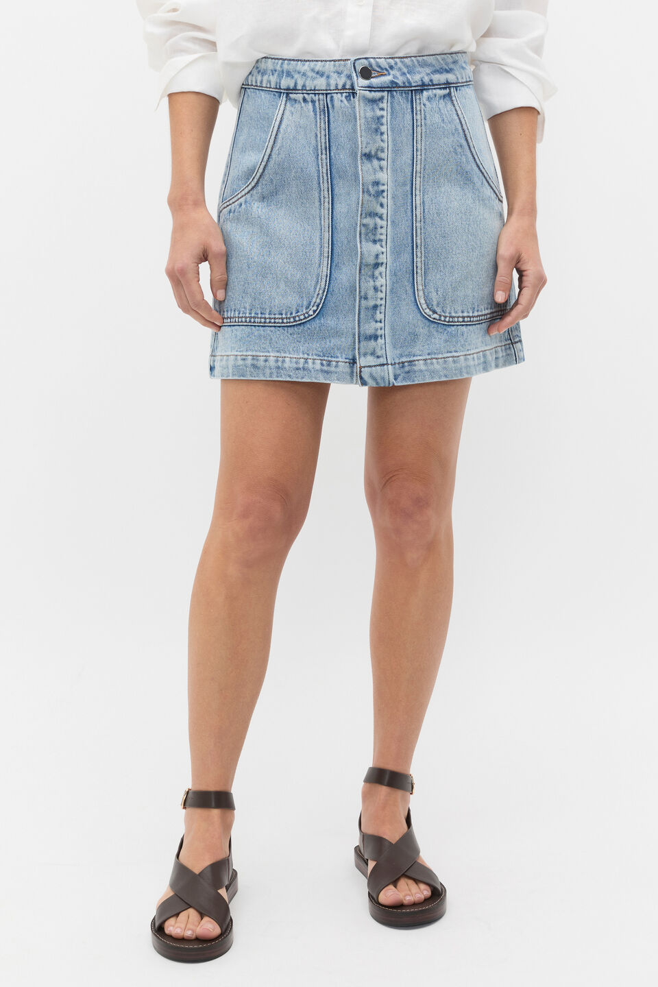 Denim Curve Pocket Mini Skirt  Blue Wash