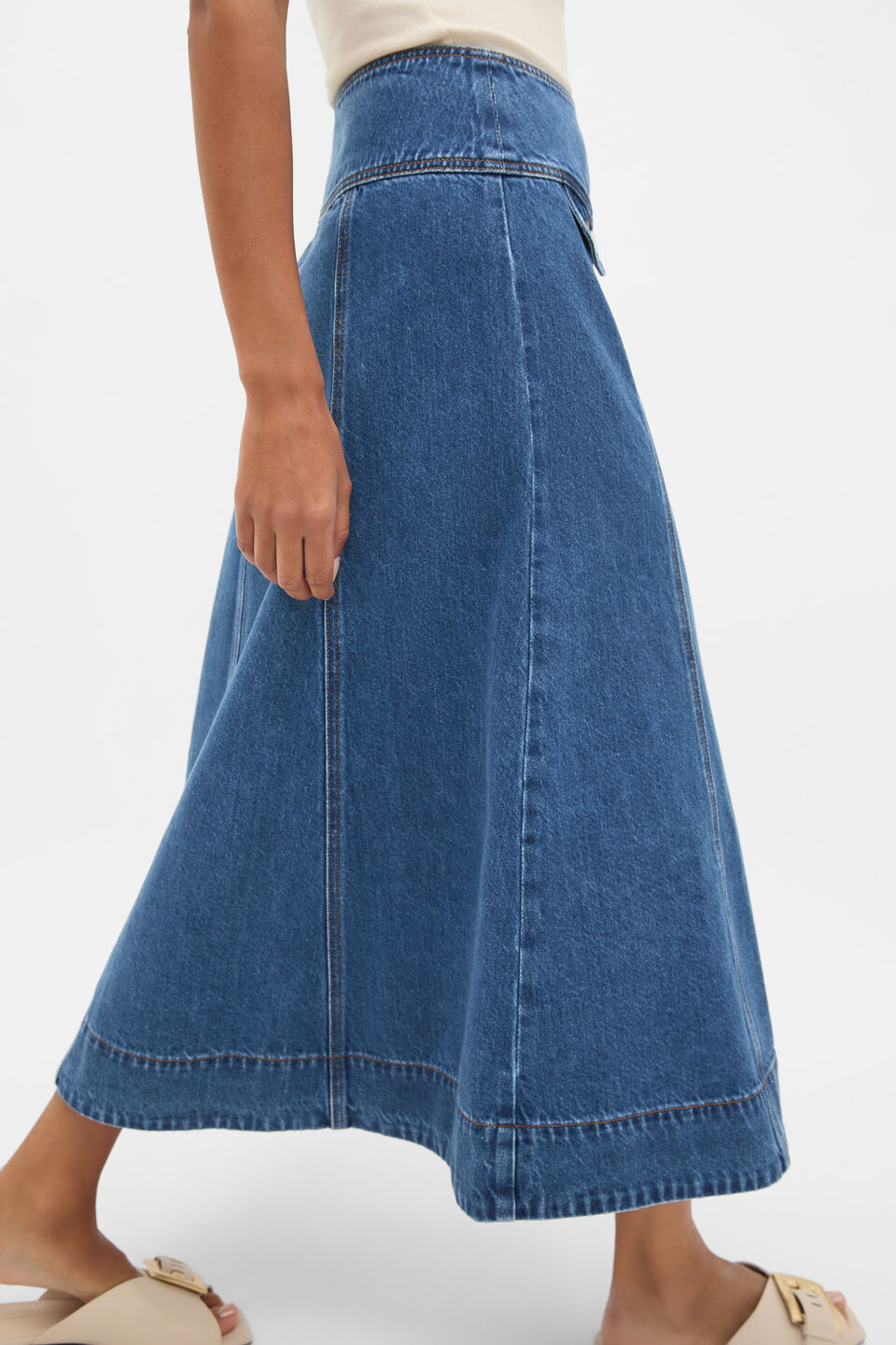 Denim Button Through Swing Skirt  Heritage Wash