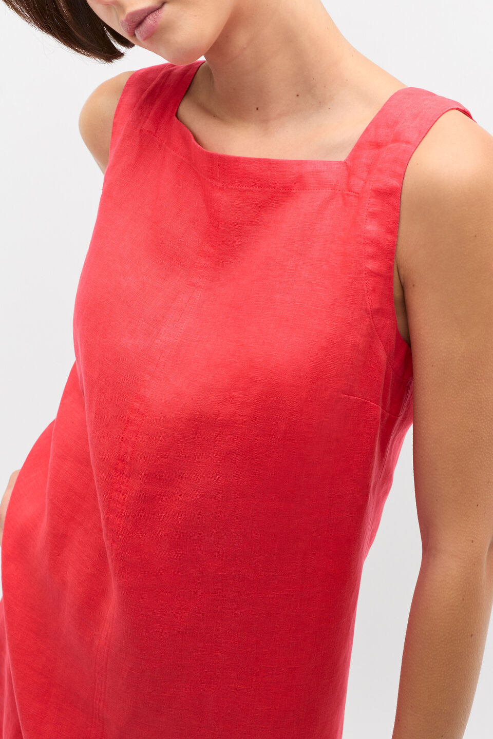 Linen Square Neck Mini Dress  Electric Crimson