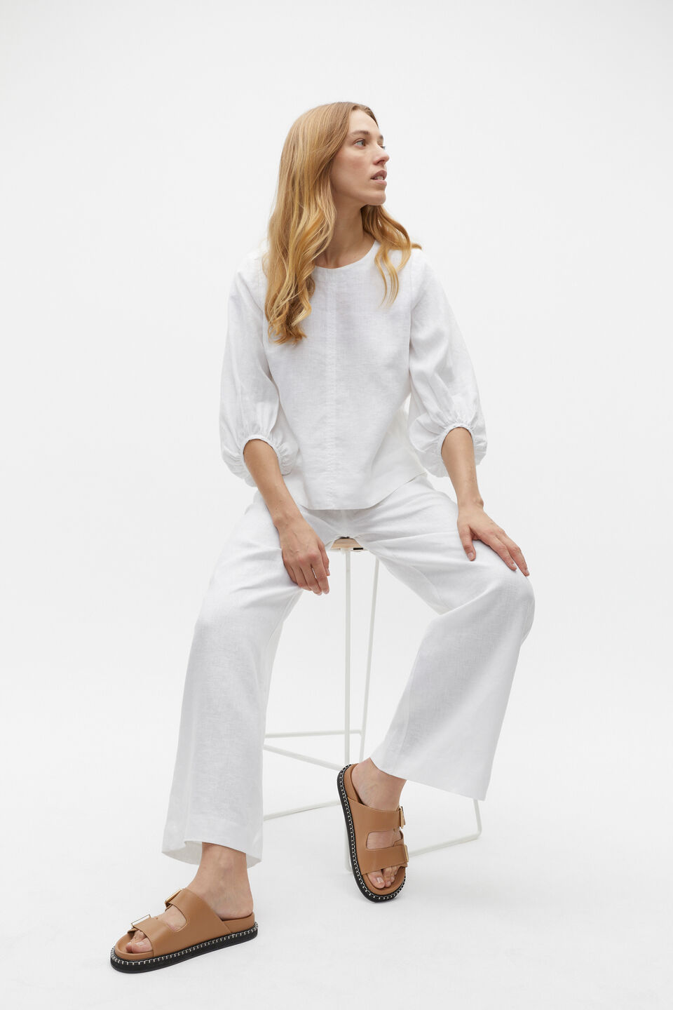 Core Linen Balloon Sleeve Top  Whisper White